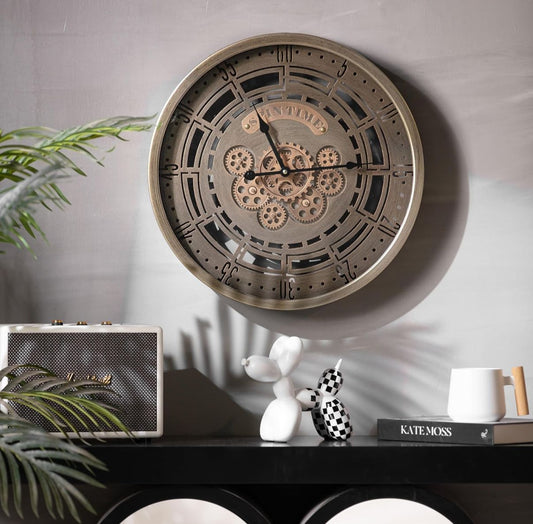 Suave Contemporary Round Luxury Designer Wall Clock Online With Moving Gear Mechanism (Steel Body) ( 24 Inch Dia )